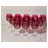 Set of 12 Cranberry Etched Crystal Wine Goblets