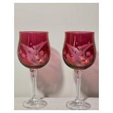 Set of 12 Cranberry Etched Crystal Wine Goblets