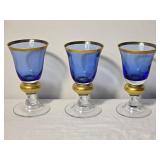Set of Four Cobalt Blue Footed Goblets with Gold Band Detail