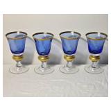 Set of Four Cobalt Blue Footed Goblets with Gold Band Detail