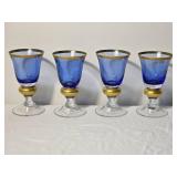 Set of Four Cobalt Blue Footed Goblets with Gold Band Detail