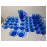 Large Cobalt Blue Textured Glass Drinkware and Serving Set with Pitcher