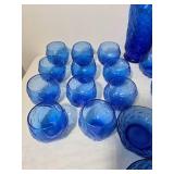 Large Cobalt Blue Textured Glass Drinkware and Serving Set with Pitcher