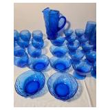 Large Cobalt Blue Textured Glass Drinkware and Serving Set with Pitcher