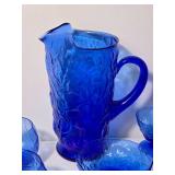 Large Cobalt Blue Textured Glass Drinkware and Serving Set with Pitcher
