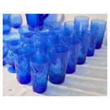 Large Cobalt Blue Textured Glass Drinkware and Serving Set with Pitcher