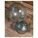 3 True Vintage Glass Blown Japanese Fishing Buoys with Basket
