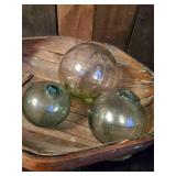 3 True Vintage Glass Blown Japanese Fishing Buoys with Basket