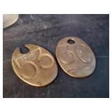 Cool lot of Vintage Things - Mid Modern Porcelain, Peanut Butter Jar, and Brass Cow Tags