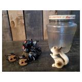 Cool lot of Vintage Things - Mid Modern Porcelain, Peanut Butter Jar, and Brass Cow Tags