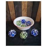 Seven Colored glass Fishnet Floats with Tea Lights inside w/ Antique Large Porcelain Wash Tub