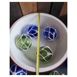 Seven Colored glass Fishnet Floats with Tea Lights inside w/ Antique Large Porcelain Wash Tub