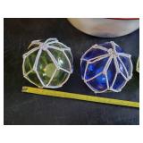 Seven Colored glass Fishnet Floats with Tea Lights inside w/ Antique Large Porcelain Wash Tub