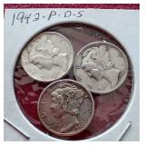 (9) Mercury Dimes - 1942-1944 P/D/S