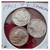 (9) Mercury Dimes - 1942-1944 P/D/S