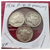 (3) 1936 Mercury Dimes - P/D/S