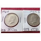 (2) 1964 90% Silver Kennedy Half Dollars