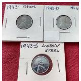 (3) 1943 Steel Pennies - P/D/S