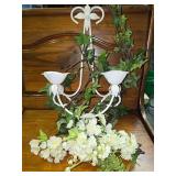 Decor, White Roses in a Vase and Wall Sconce, with Greenery and White Flowers.