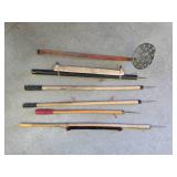 Lot 1 of 5 Ice Fishing Poles. Red Handle Metal Dipper
