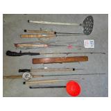 Lots of Ice Fishing Poles, with 2 Dippers. One Brand New One