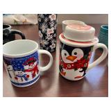 Collection of 7 Assorted Holiday and Novelty Mugs with Bottle