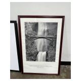 Framed Multnomah Falls Oregon Print, Large Black Frame, and Vintage Suitcase