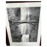 Framed Multnomah Falls Oregon Print, Large Black Frame, and Vintage Suitcase