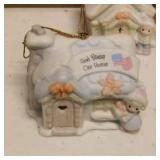 Precious Moments Vintage Ornaments "Chapel" Item#528021, "Trainstation" Item#184101, "House" Item#150231, and "Chapel" Item#530484