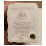 Precious Moments Vintage Ornaments "Chapel" Item#528021, "Trainstation" Item#184101, "House" Item#150231, and "Chapel" Item#530484