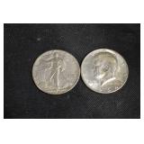 Kennedy Half Dollar 1964 And walking Liberty Half