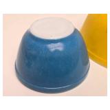 2 Vintage PYREX Glass Mixing Bowls - Blue & Yellow - Each has Surface Wear