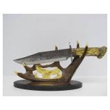 Large Highly Decorated Maxam Eagle & Antler Hunting Knife & Display