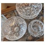 Set of 3 Cut Glass Crystal Bowls with Floral and Starburst Patterns