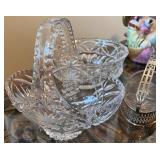 Set of 3 Vintage Cut Glass Bowls and Basket with Silverplate Caddy