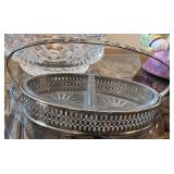 Set of 3 Vintage Cut Glass Bowls and Basket with Silverplate Caddy