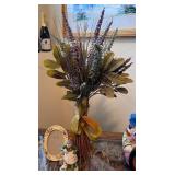 Decorative Dried Flower Bouquet, Porcelain Figurine, and Oval Frame Set