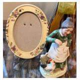 Decorative Dried Flower Bouquet, Porcelain Figurine, and Oval Frame Set