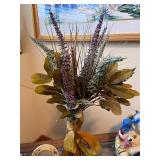 Decorative Dried Flower Bouquet, Porcelain Figurine, and Oval Frame Set