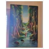 36x24 Inch Signed Painting Depicting Figures in Forest Scene by Hugues