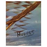 36x24 Inch Signed Painting Depicting Figures in Forest Scene by Hugues