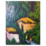 Veronique Signed Large Village Scene Painting on Canvas 58 x 40 Inches