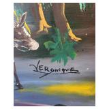 Veronique Signed Large Village Scene Painting on Canvas 58 x 40 Inches