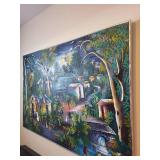 Veronique Signed Large Village Scene Painting on Canvas 58 x 40 Inches