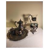 Vintage Silver Plated Tea Set with Tray and Glass Carafe