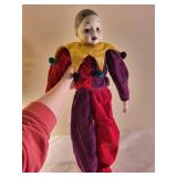 Large Porcelain Pierrot Clown Doll with Velvet Costume and Star Detail