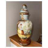 Porcelain Lidded Vase - Hand-Painted Scenic River Scene with Gold Trim