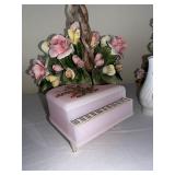 Capodimonte Porcelain 4-Piece Floral Set: Pink Piano, Rose Vase, Basket & Bouquet