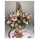 Capodimonte Porcelain 4-Piece Floral Set: Pink Piano, Rose Vase, Basket & Bouquet