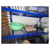 Misc Kitchen Items - Shelf Not Included; Assorted Pots, Pans, Dishes & Mugs